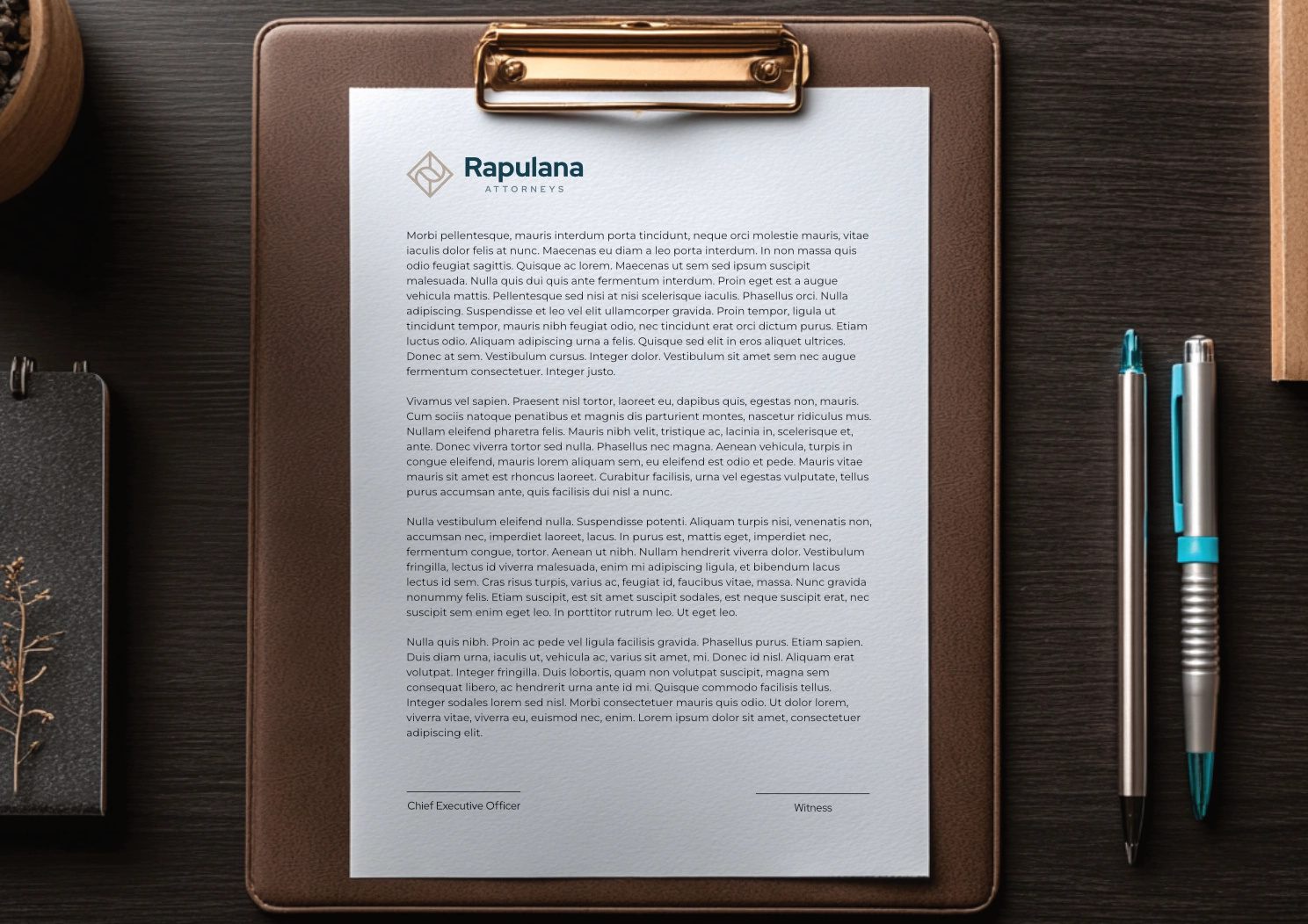 Rapulana Attorneys letterhead on a clipboard