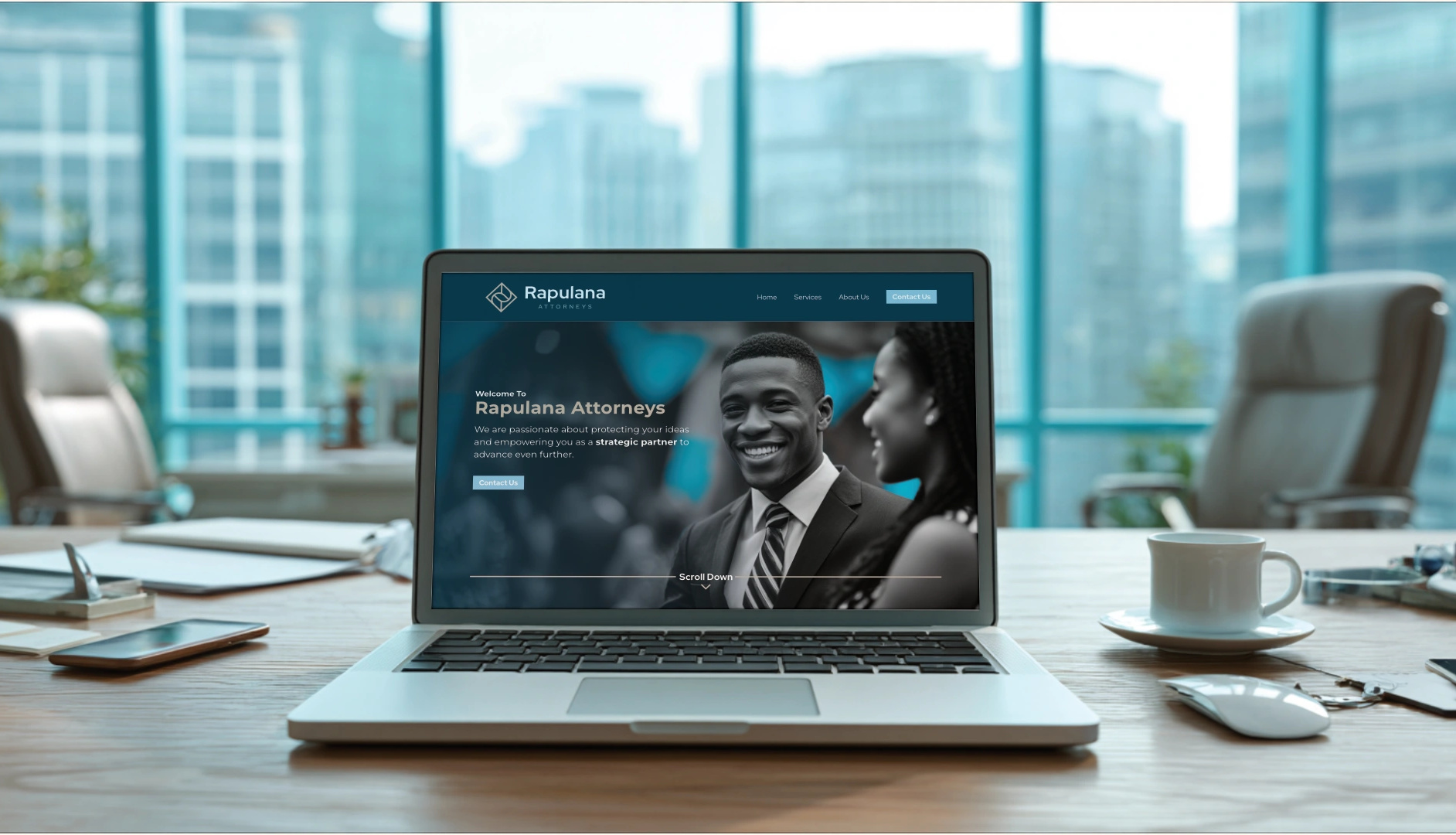 Laptop displaying Rapulana Attorneys website on a desk with city view
